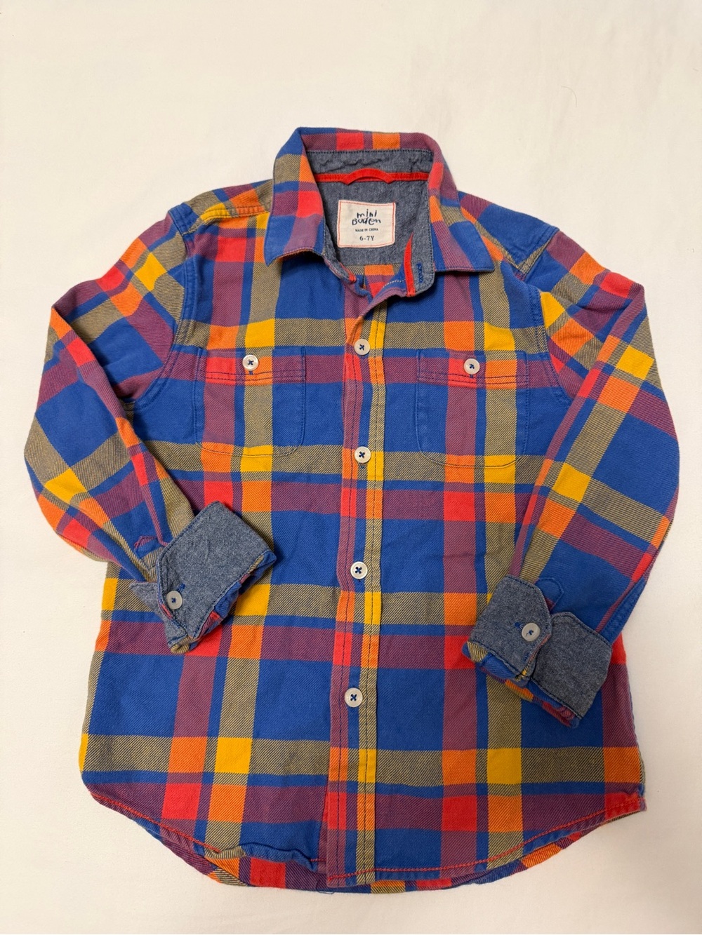 Mini Boden Kids Blue Multi-Color Plaid Flannel Button-Up Shirt